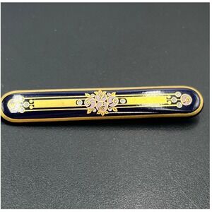 Michaela Frey Vintage Brooch Bar Shape Black White Gold Plated Enamel Floral